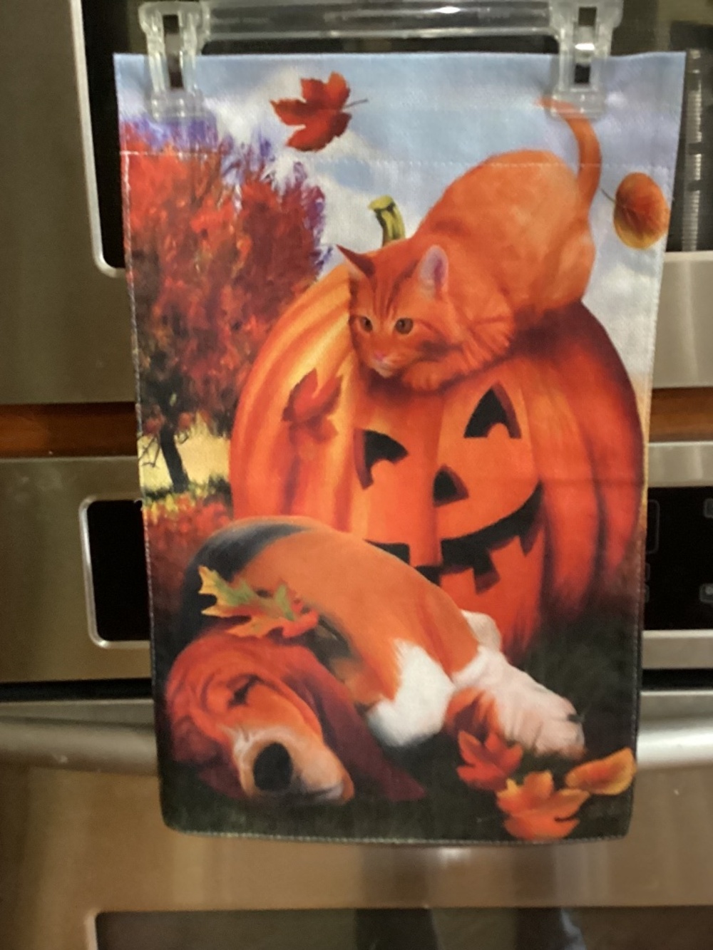 NEW double sided Burlap Garden Flag, Fall, Basset hound, cat, pumpkins
